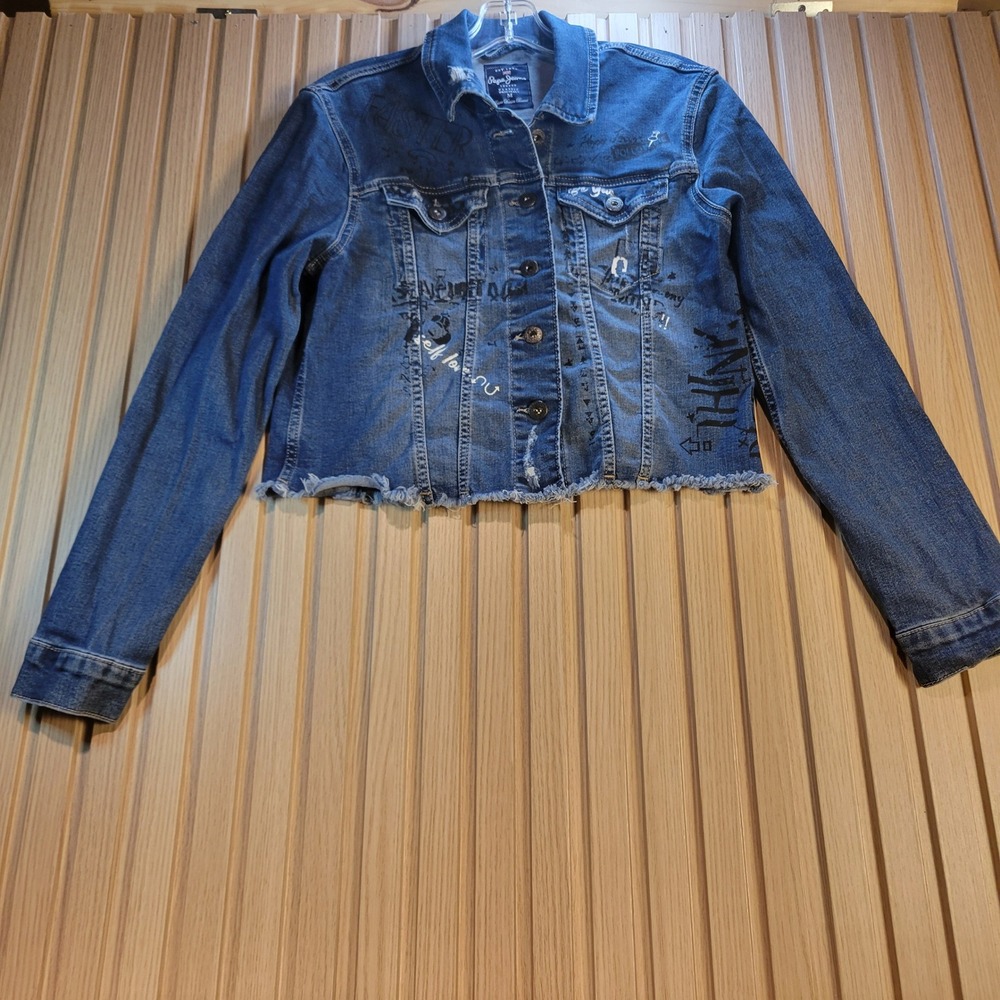 Pepe Jeans London Dream Crop Trucker Jacket Med Wash GRL PWR Graffiti Distressed
